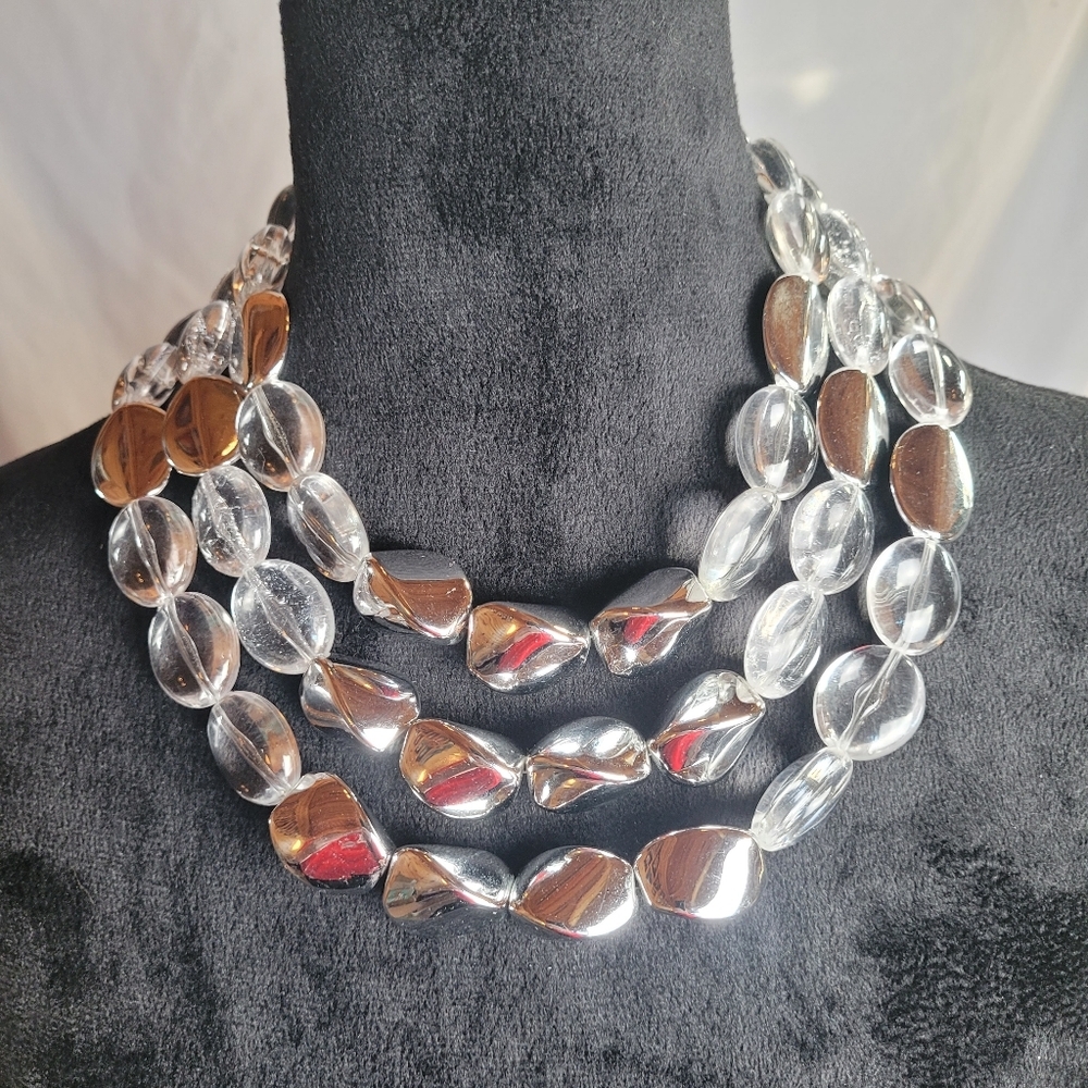 Chico's Chunky Clear Acrylic/Chrome Multi Layer Statement Necklace